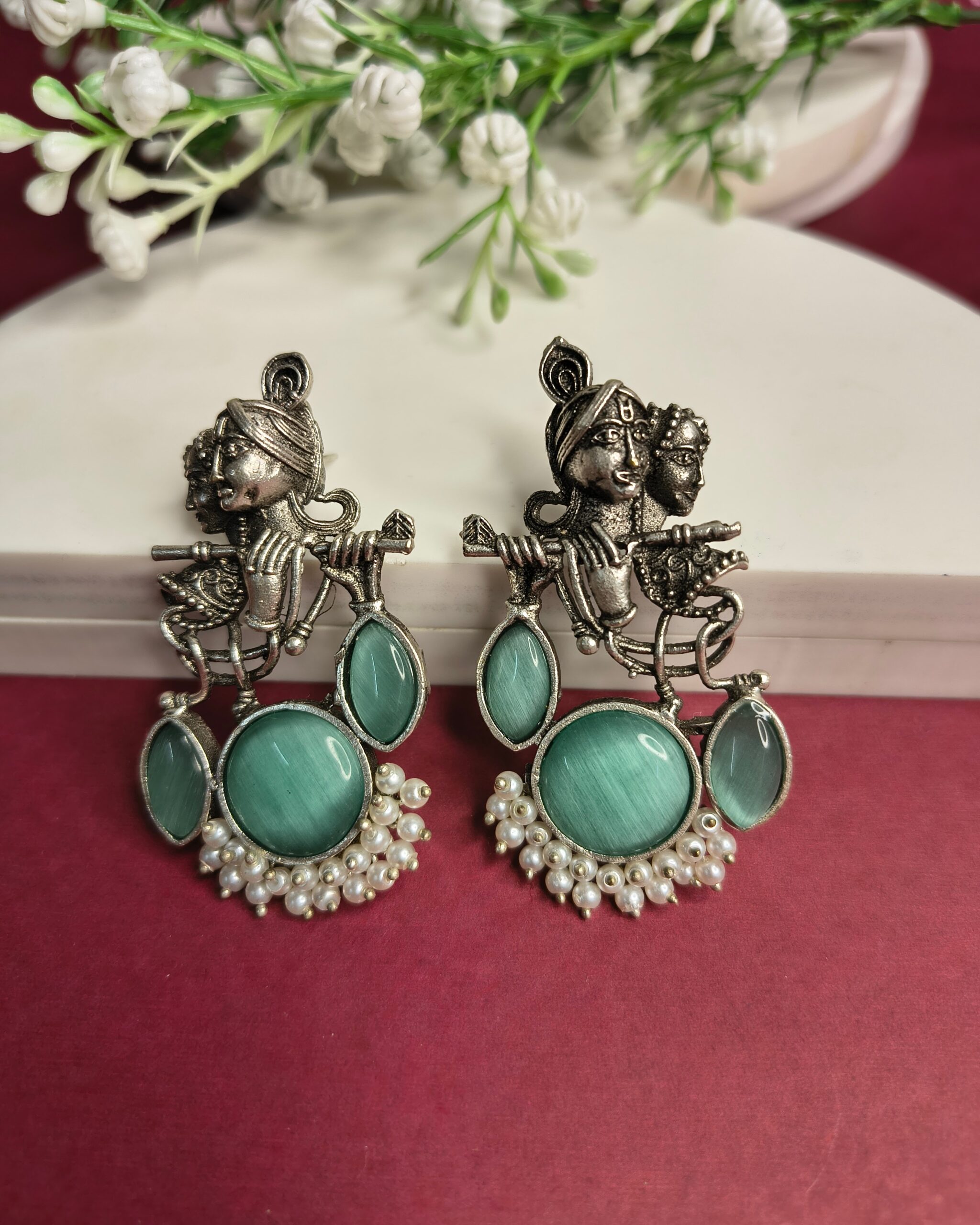 Radha Krishna Antique Silver Earrings