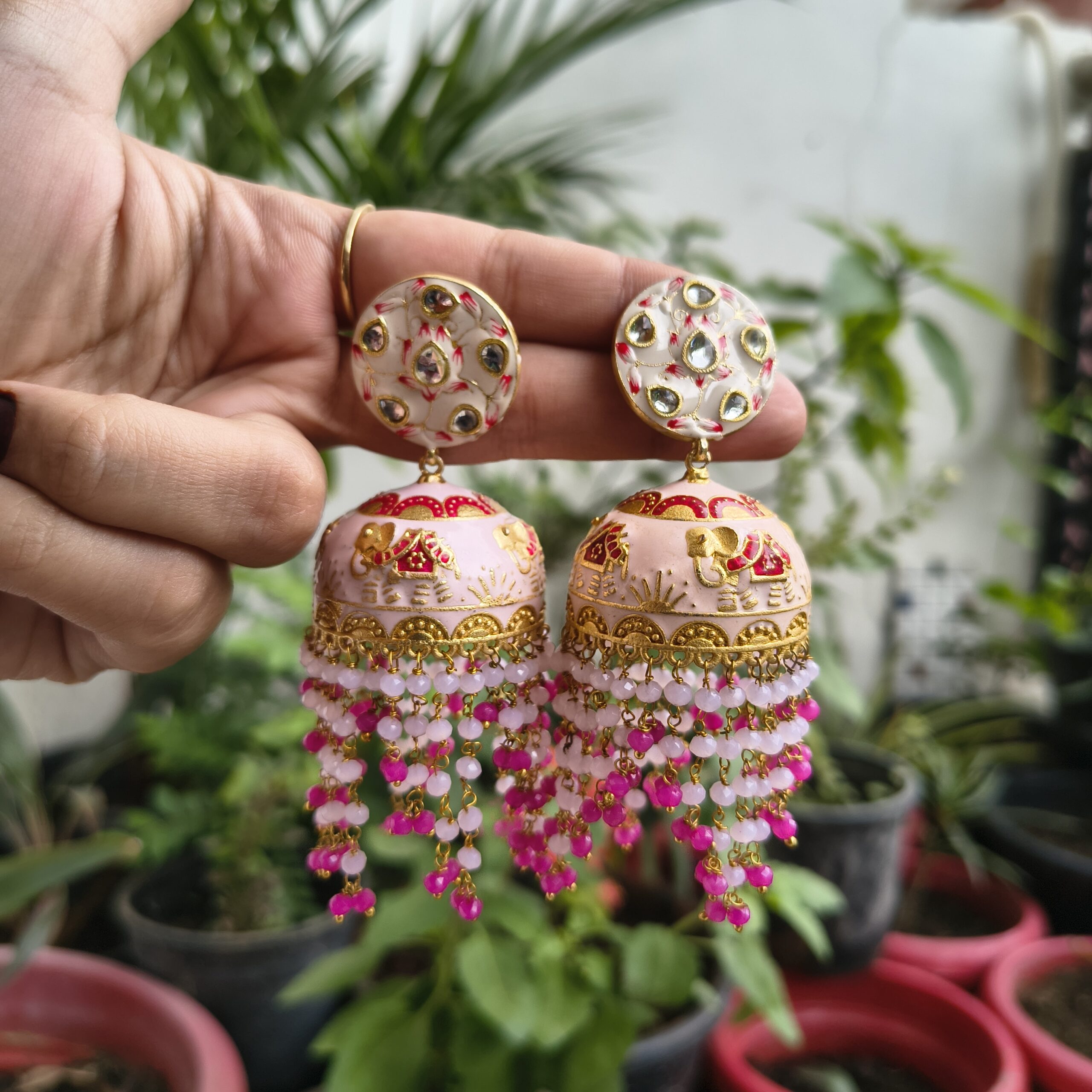 Kundan & Pearl Beaded Meenakari Dome Shaped Jhumka