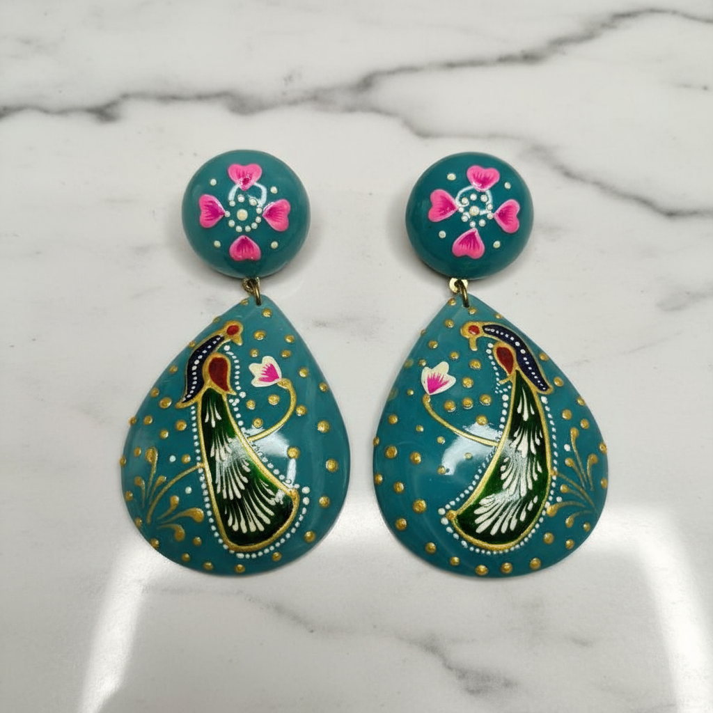 Hand-Painted Peacock Teardrop Earrings