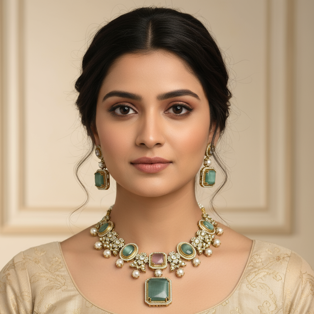 Stone Kundan Necklace With Pearls