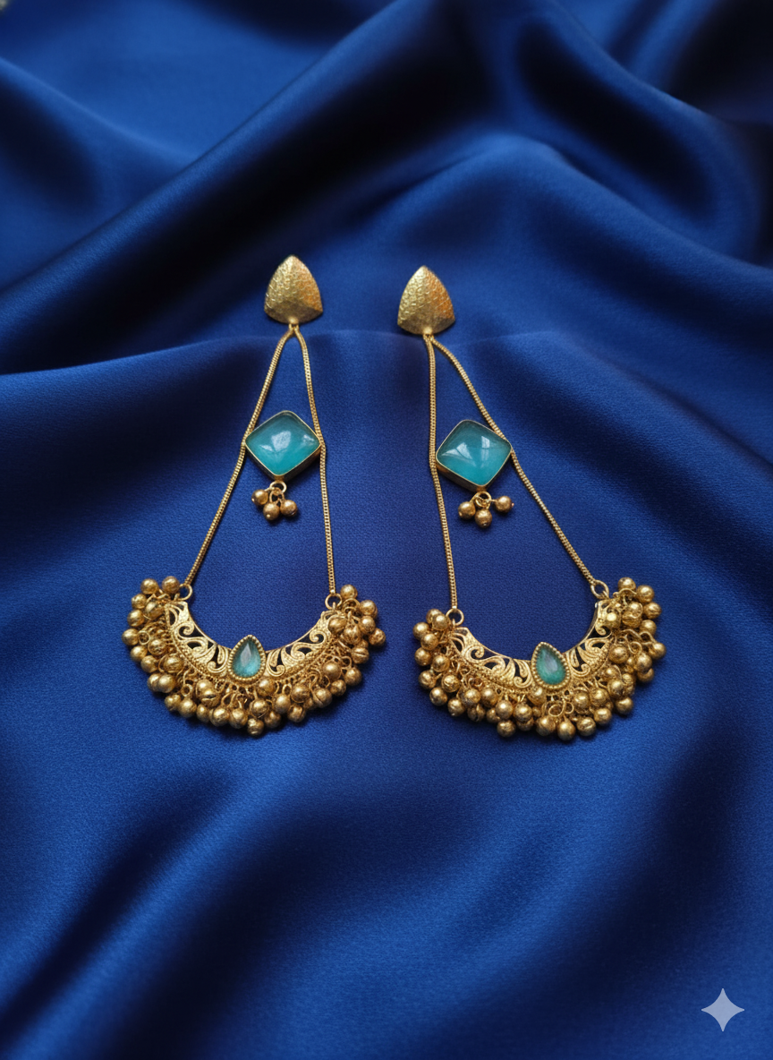 Kashmiri Aqua Crescent Long Dangler Earrings