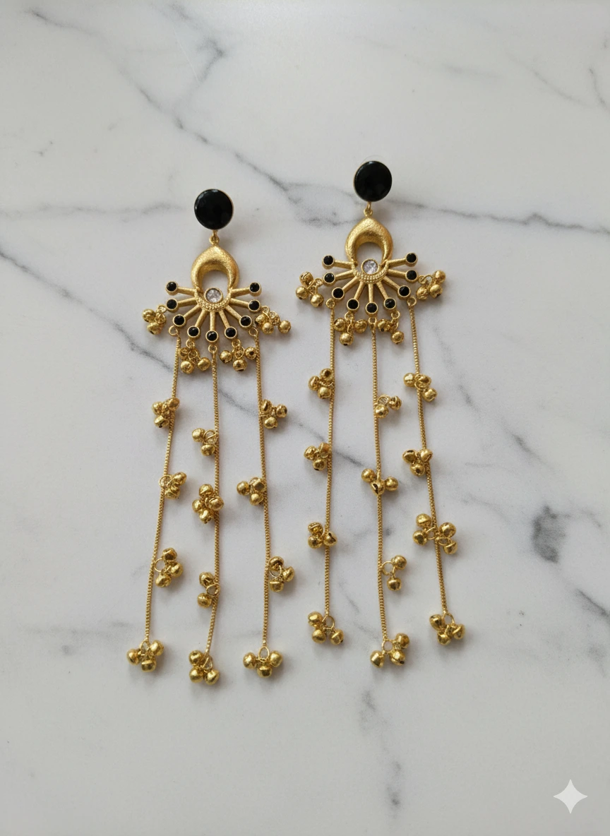 Kashmiri Black Sparkle Long Tassel Earrings