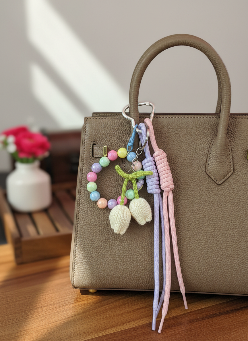 Pastel Cherry Beaded Keychain / Bag Charm