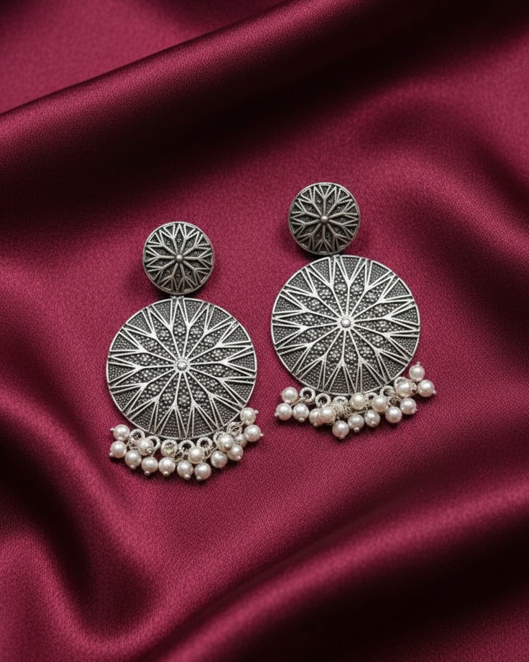 Silver Replica Circular Pearl Drop Earrings