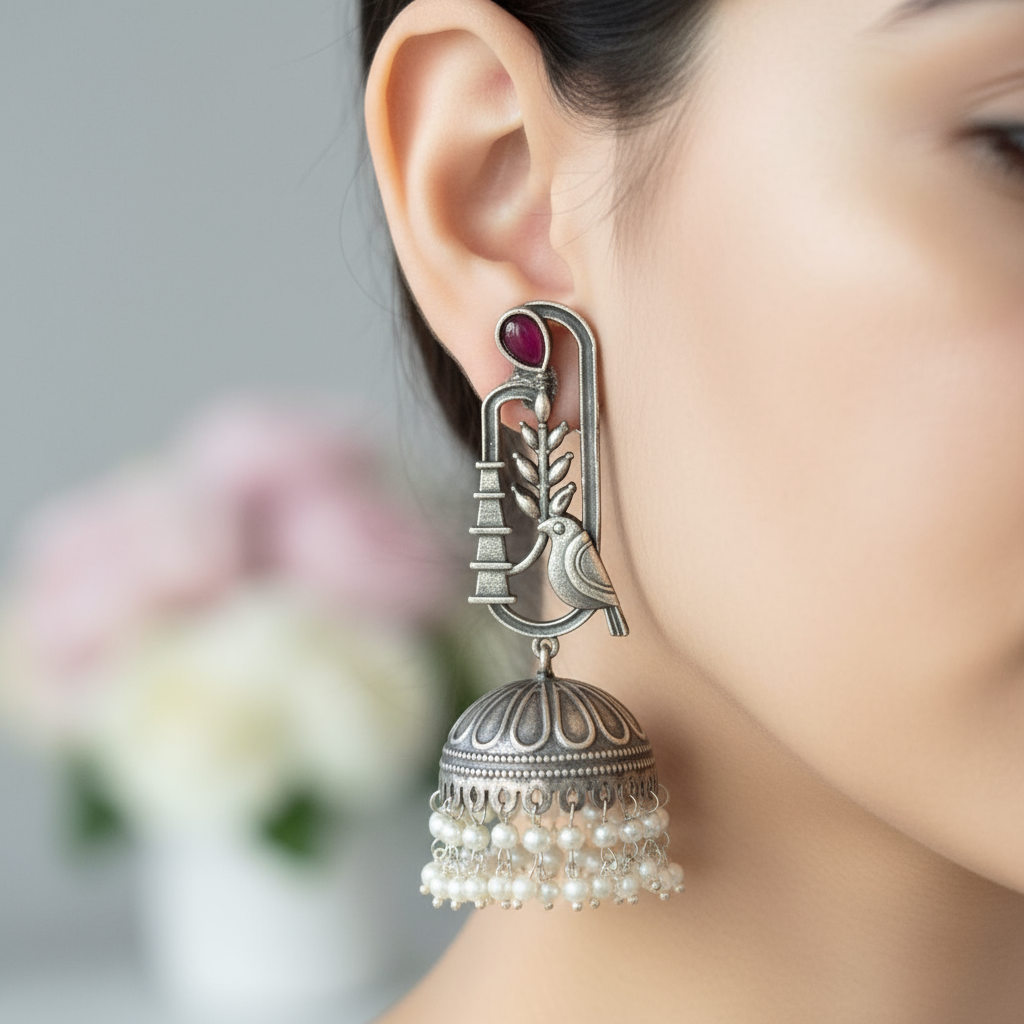 Silver Replica Bird Jhumka Earrings