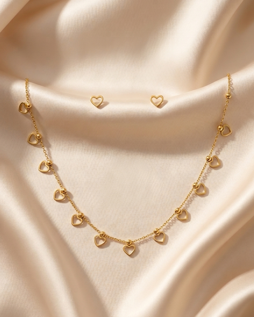 Golden Heart Charm Necklace Set