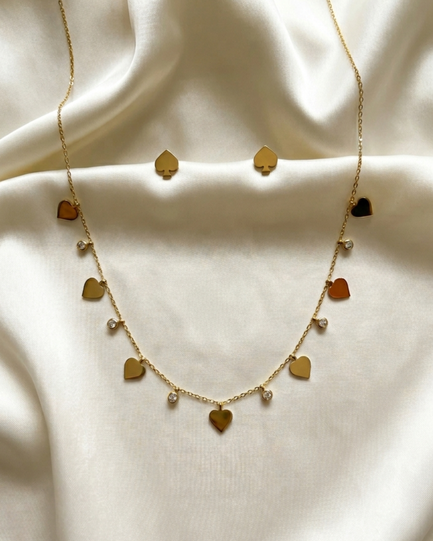 Golden Heart & Crystal Charm Necklace Set