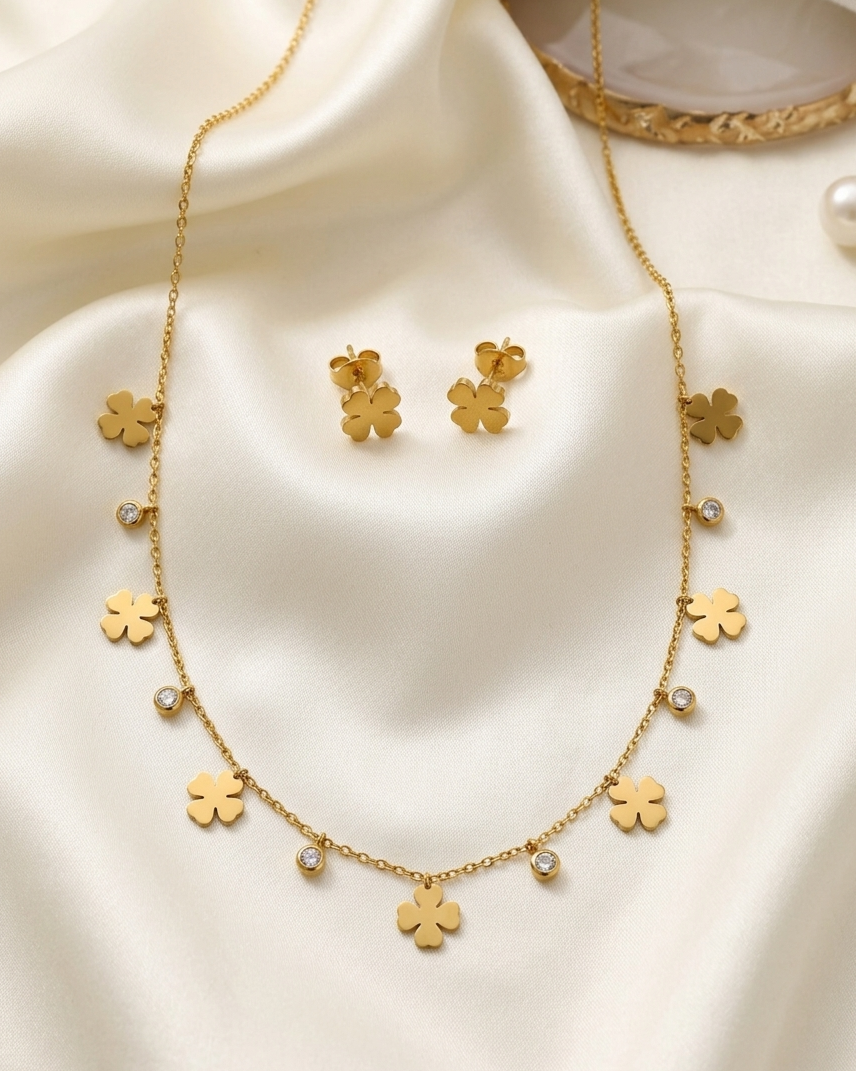 Golden Clover Charm Necklace Set