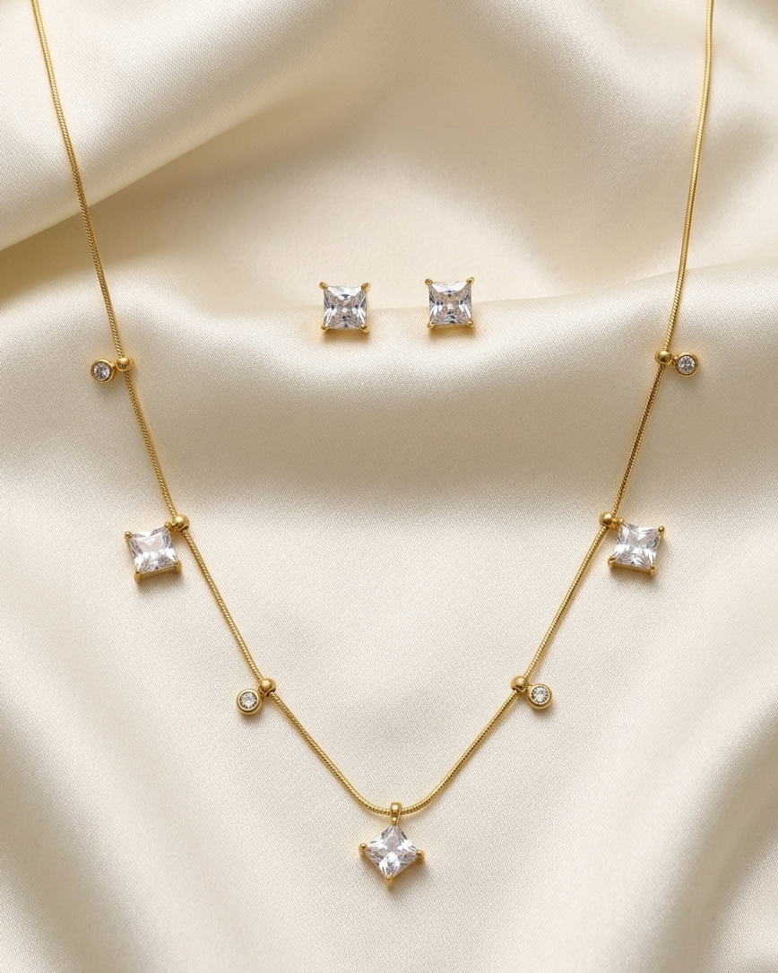 Golden Crystal Drop Necklace Set
