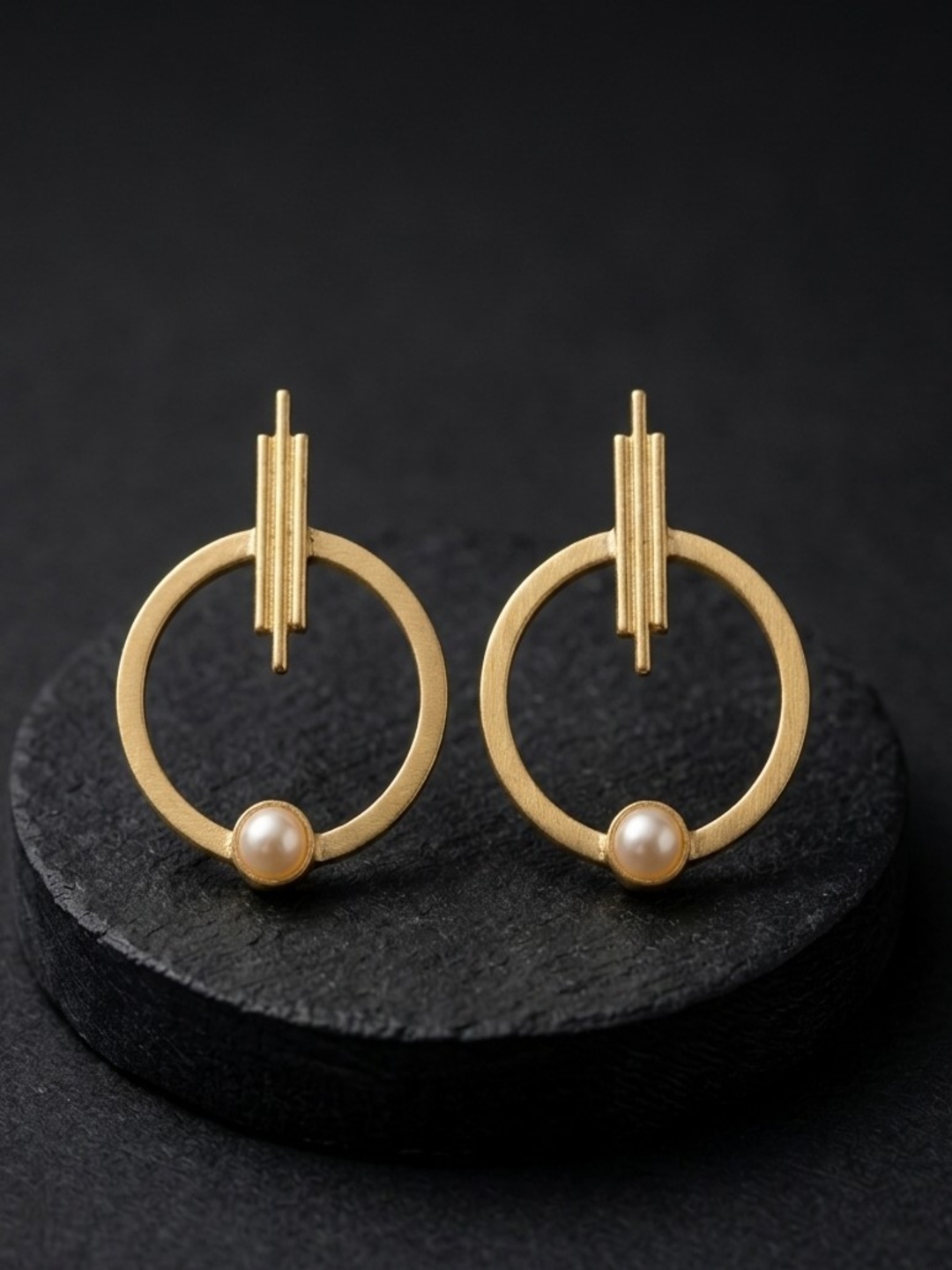 Pearl Orbit Geometric Brass Earrings