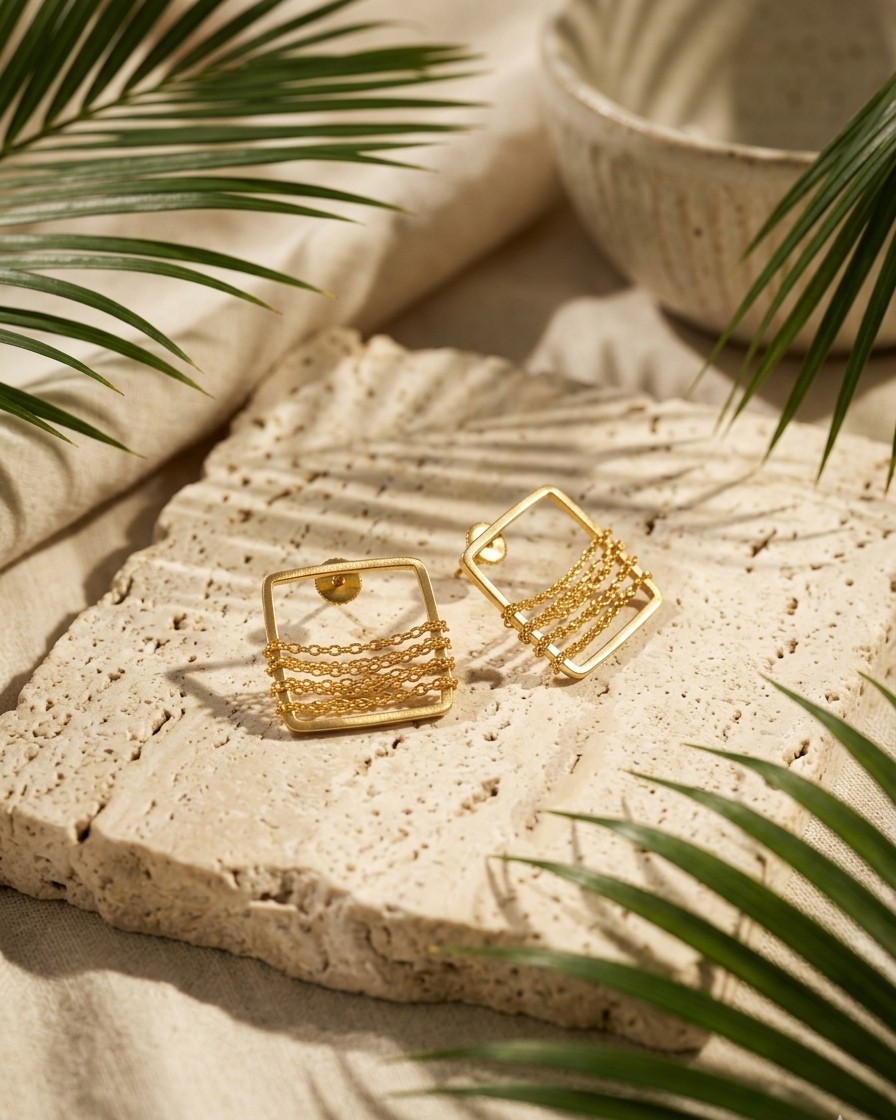 Geometric Chain Weave Brass Stud Earrings