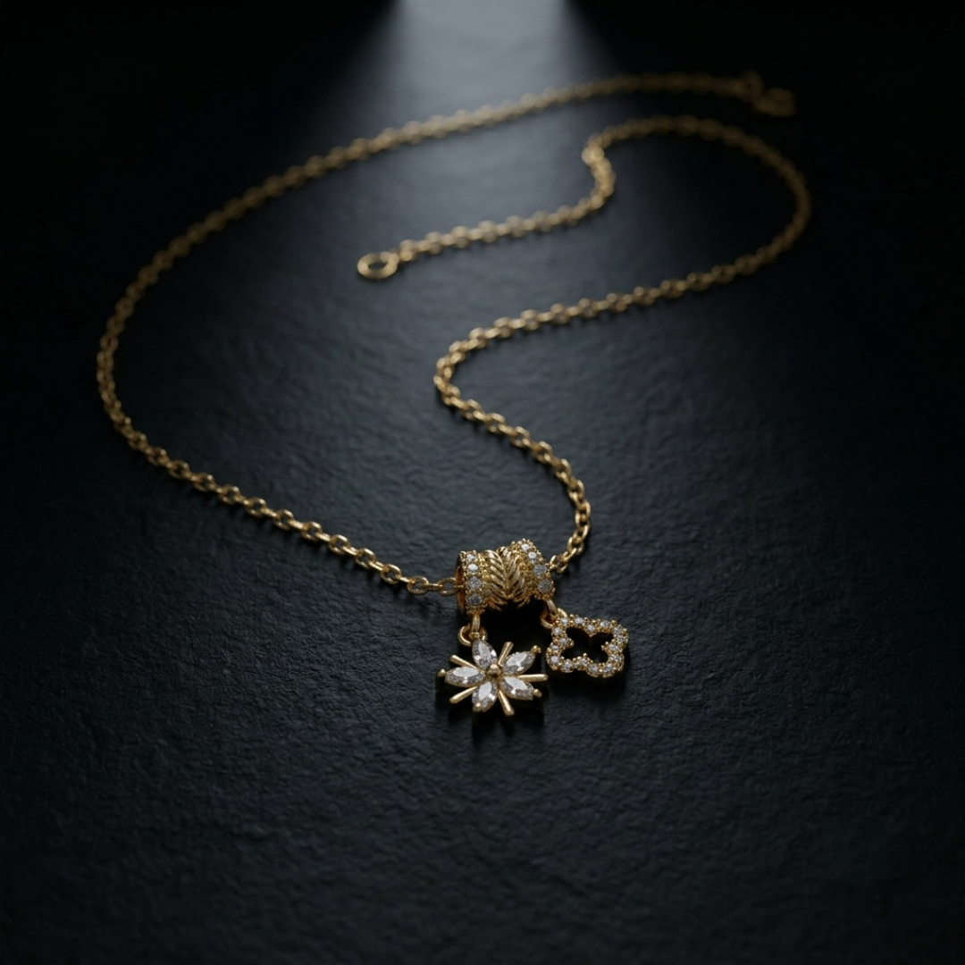 Golden Floral & Clover Charm Necklace